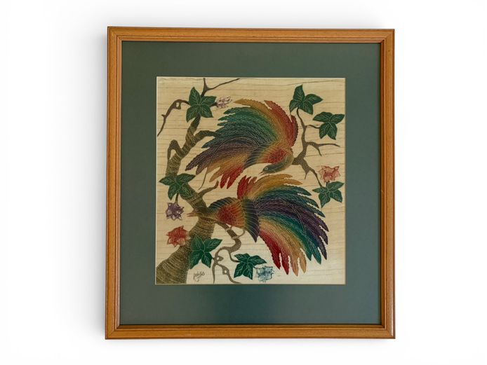 Framed Oriental Style Bird Artwork (Textile / Print Panel)