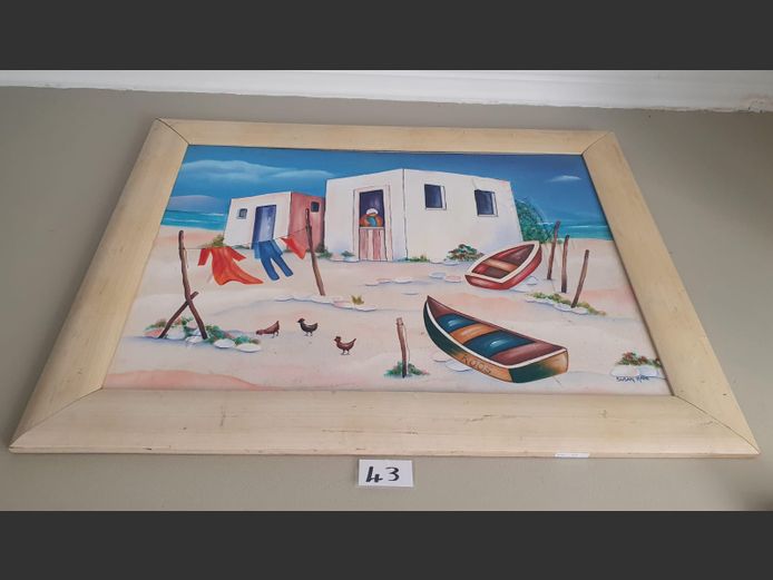 CREAM FRAMED OIL ON BOARD "FISHING VILLAGE" BY SUSAN SLADE, 80 x 59cm 
