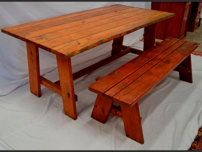 PINE PATIO TABLE WITH BENCH, 180 x 88 x 72cm & 160 x 37 x 44cm
