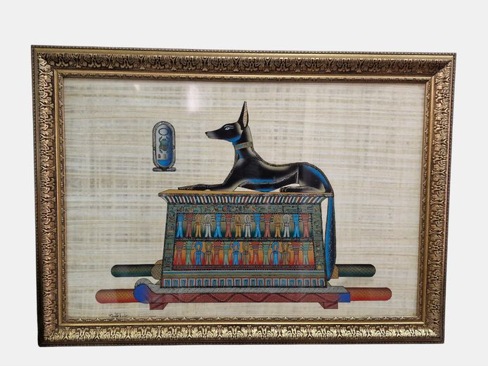 Large Framed Egyptian Papyrus Painting – Anubis on Shrine