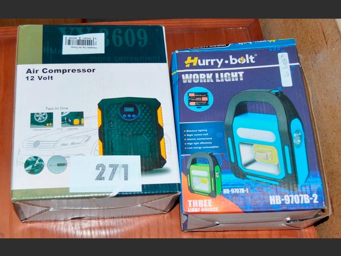 LOT: 12 VOLT AIR COMPRESSOR & A WORK LIGHT [Untested]