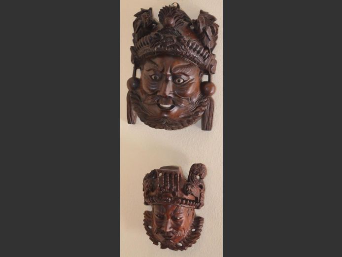 LOT OF 2: CARVED ROSEWOOD CHINESE WARRIOR MASKS, 15 x 12cm & 21 x 15cm