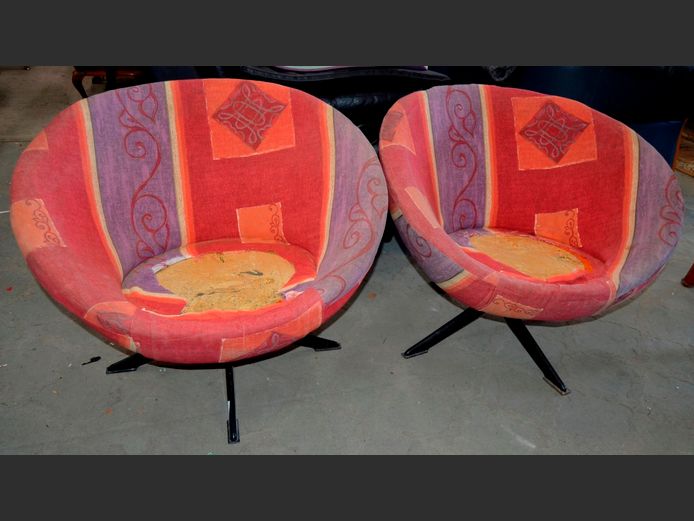 PAIR MID-CENTURY POD CHAIRS [Needs re-covering]