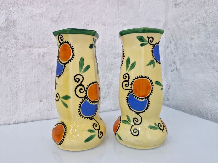 Art Deco Pair of Vintage Czechoslovakian Hand-Painted Ceramic Vases