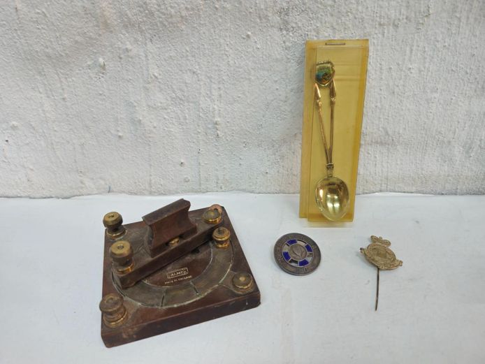 Vintage Walmer Telegraph Key, Commemorative Spoon, Badges & Pin Lot