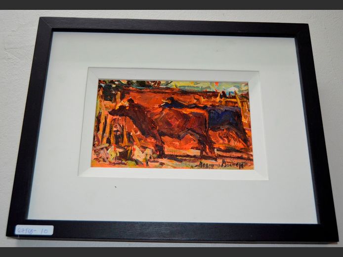 ADRIAAN BOSHOFF FRAMED OIL ON BOARD "CATTLE", 39 x 23cm