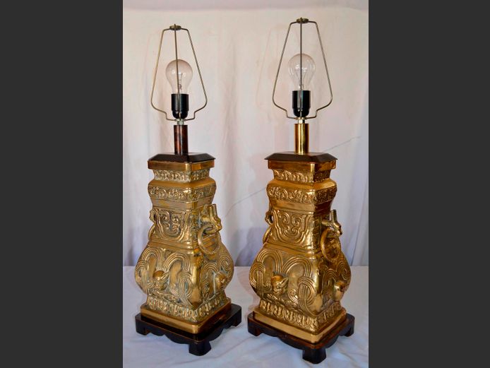 PAIR ORNATE CHINESE BRASS TABLE LAMPS WITH SHADES, 82cm High