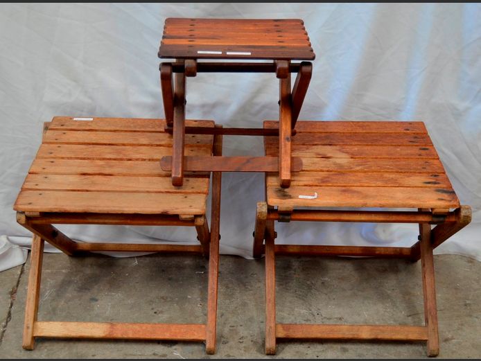 PAIR FOLDING SIDE TABLES & ANOTHER, 41 x 39 x 39cm & 30 x 30 x 29cm
