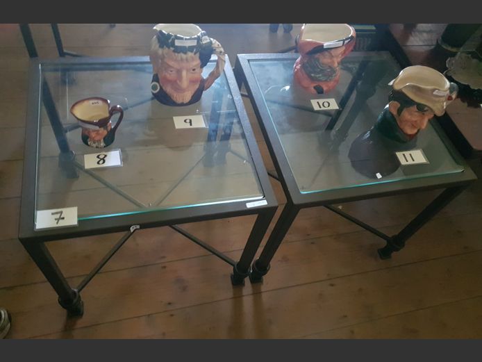 PAIR METAL & GLASS TOP SIDE TABLES, 50 x 50 x 46cm