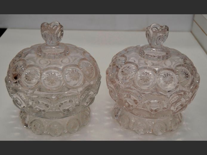 PAIR CUT GLASS BON BON DISHES WITH LIDS, 15cm Diameter x 16cm High