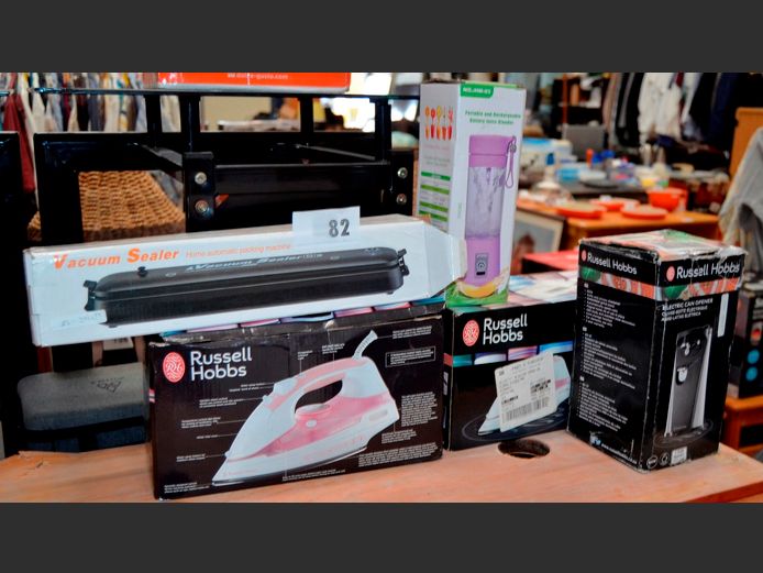 LOT: 2 x RUSSELL HOBBS IRONS, CAN OPENER, VACUUM SEALER, etc [Switch on, faulty]