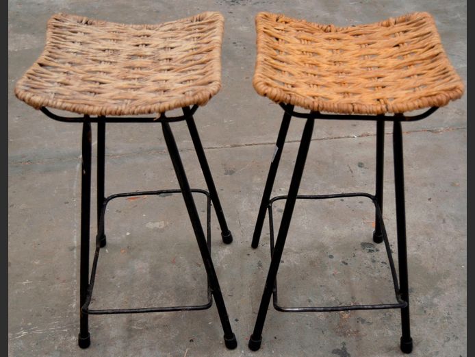 PAIR METAL STOOLS WITH WOVEN SEATS, 59cm High