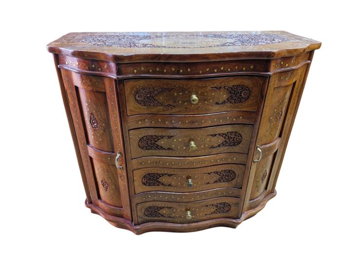 Antique Hand Carved Solid Wood Cabinet with Brass Inlay