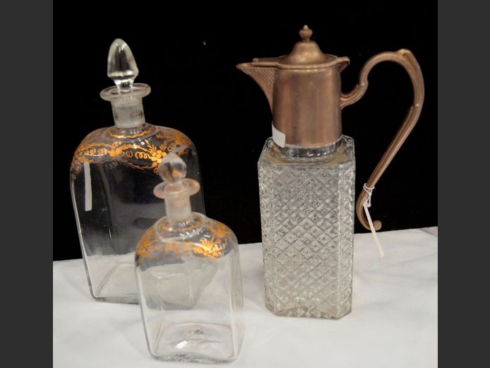 CUT GLASS CLARET JUG WITH SILVER PLATE TOP & SET OF 2 ANTIQUE CLEAR GLASS BOTTLES WITH STOPPERS