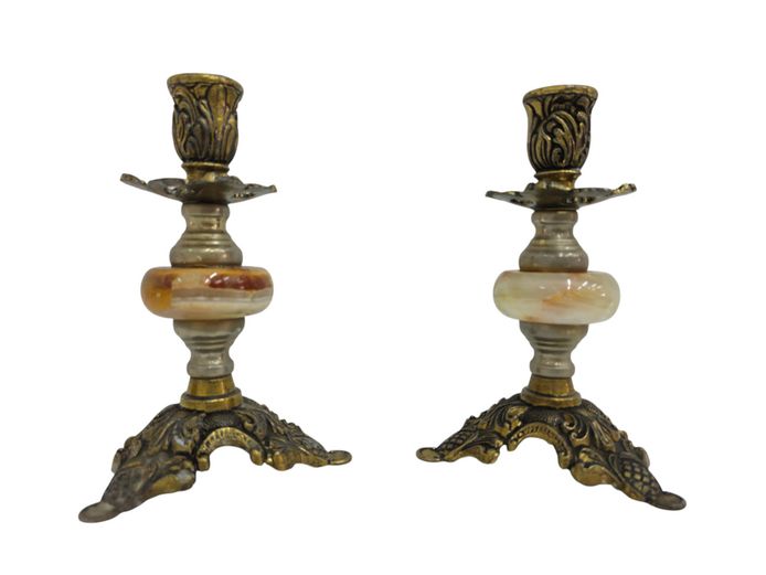 Vintage Italian Onyx and Ornate Brass Candlestick Pair