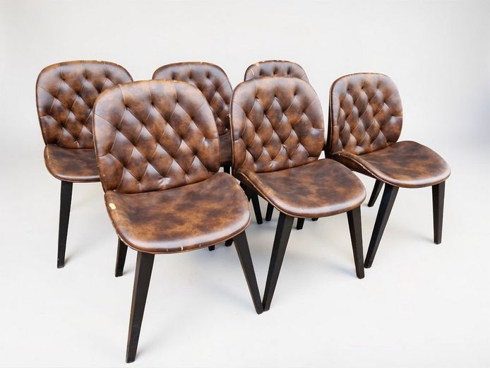 Set of 6 Brown Tufted Faux Leather Dining Chairs