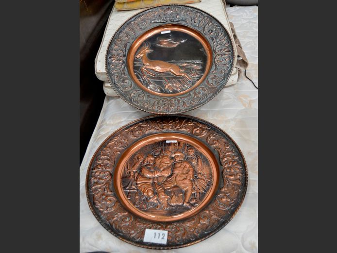 PAIR BEATEN COPPER WALL PLATES, 59cm Diameter
