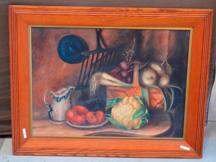 FRAMED OIL ON CANVAS STILL LIFE OF FRUIT & VEGETABLES SIGNED R.R. WRIGHT, 72 x 51.5cm