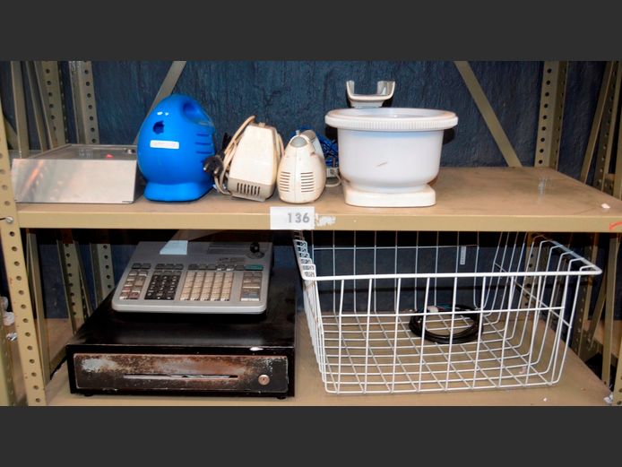 LOT ON 2 SHELVES: PAINT SPRAY GUN, POSTBOX, CASH REGISTER, etc