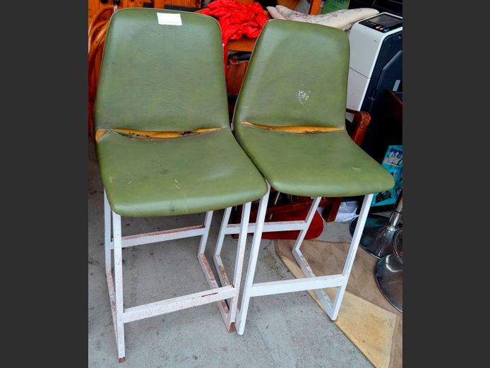 PAIR METAL & GREEN VINYL UPHOLSTERED CHAIRS, 63cm High [Need re-covering]