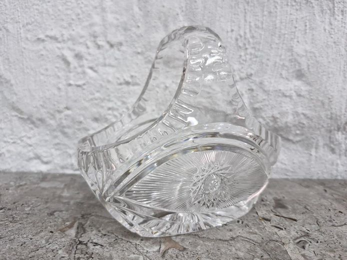 Miniature Clear Cut Glass Basket – Starburst Pattern Handle Bowl