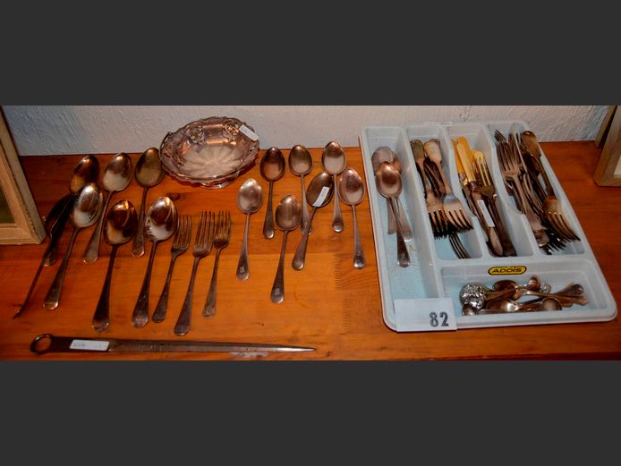 SILVER PLATE CUTLERY, PIERCED BOWL, etc