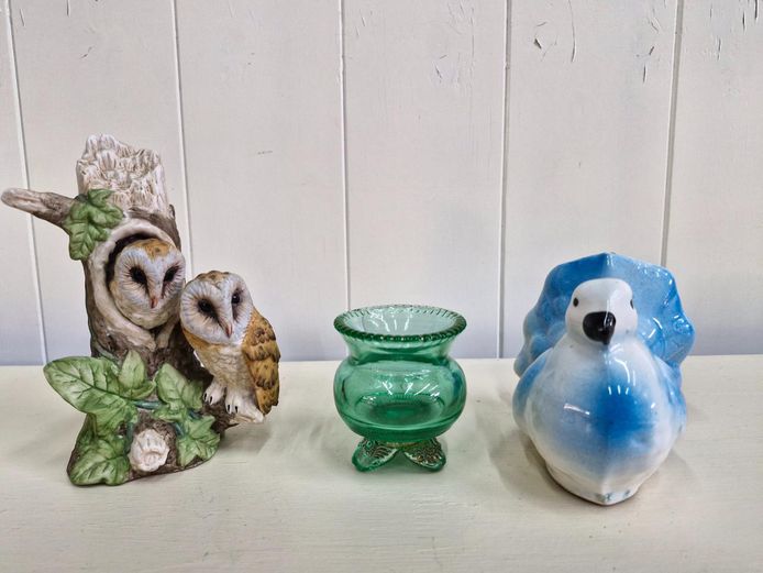 Ceramic Barn Owls, Blue Bird Figurine & Green Glass Footed Vase