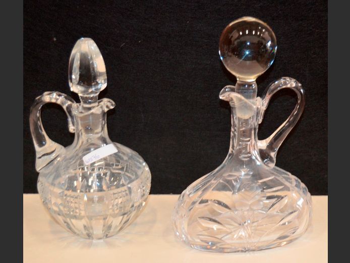 LOT OF 2: CUT GLASS DECANTERS WITH STOPPERS, 26cm & 23cm High