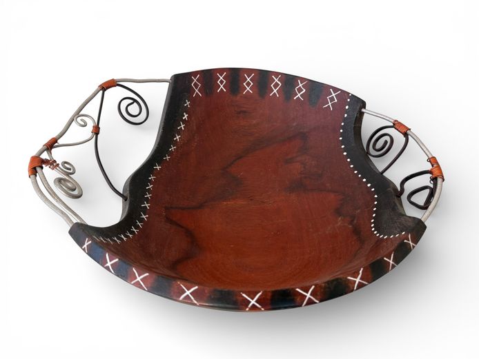 Handcrafted Wooden Decorative Bowl with Wire Handles (African Style)