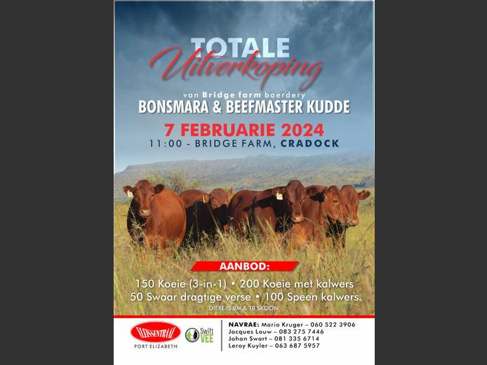 TOTALE UITVERKOPING VAN BRIDGE FARM BOERDERY 