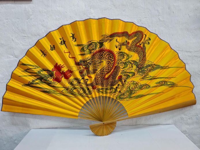 Large Vintage Chinese Folding Wall Fan with Dragon Motif