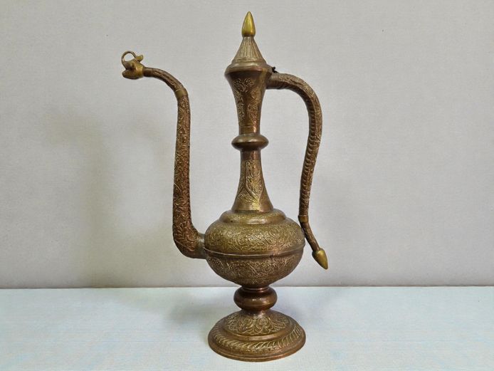Vintage Etched Brass Indo-Persian Ewer with Makara Spout
