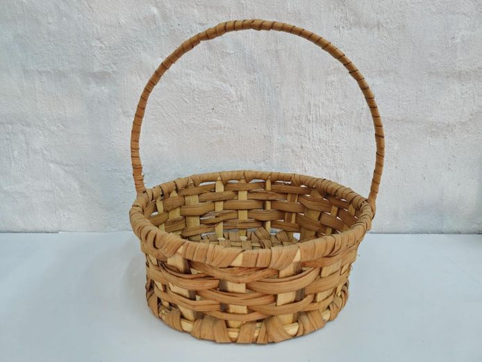 Round Handwoven Wood Splint Basket with Handle