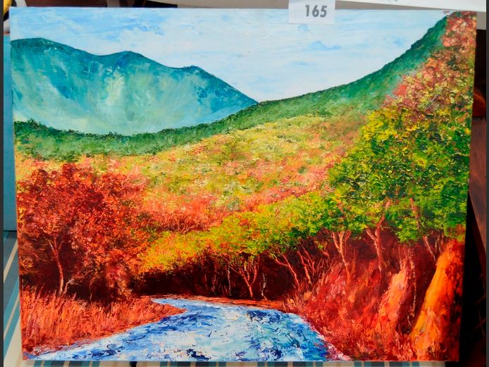 UNFRAMED OIL ON CANVAS "MOUNTAIN & RIVER SCENE", 71 x 55cm
