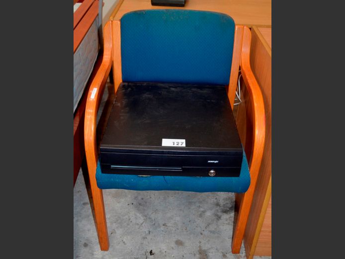 POSIFLEX CASH DRAWER [No key] & AN OAK VISITOR'S CHAIR [Chair needs re-covering]
