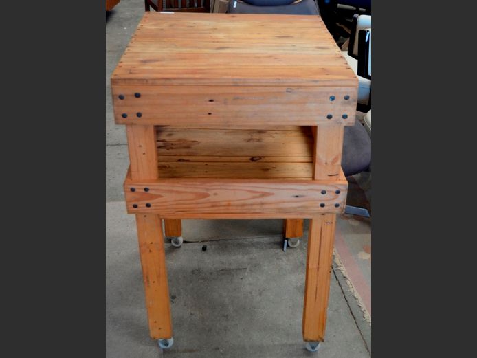 PINE BUTCHER'S BLOCK WITH BOTTOM SHELF ON CASTORS, 63 x 60 x 98cm