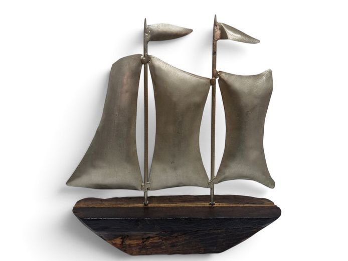 Artisanal Brutalist Metal & Driftwood Sailboat Sculpture