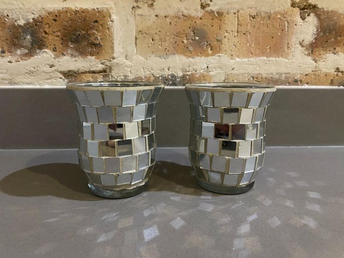 Pair of Silver Mirror Tile Candle Cups