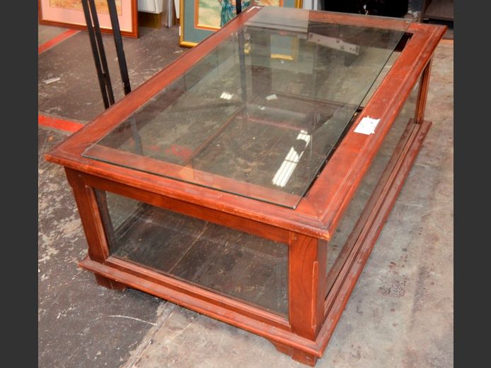 STAINED PINE COFFEE TABLE, 110 x 70 x 45cm [Glass to top broken]