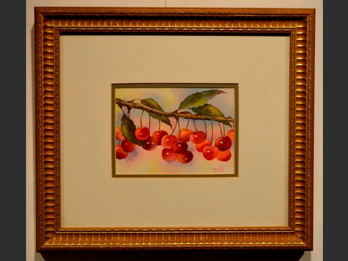 GILT FRAMED WATERCOLOUR "CHERRIES" BY CAROL NORVALL, 16 x 12.7cm