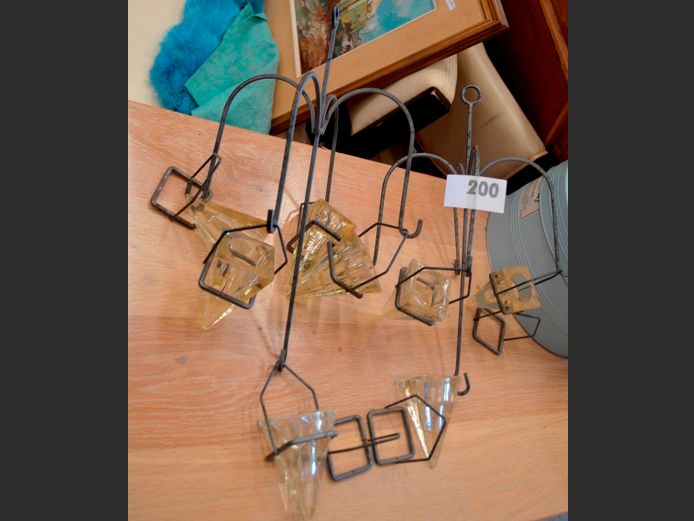 PAIR METAL & GLASS HANGING CANDLE HOLDERS, 54cm Long