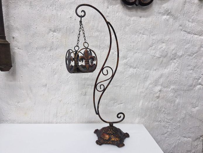 Large Ornate Wrought Iron Hanging Fleur-de-Lis Votive Candle Holder Stand