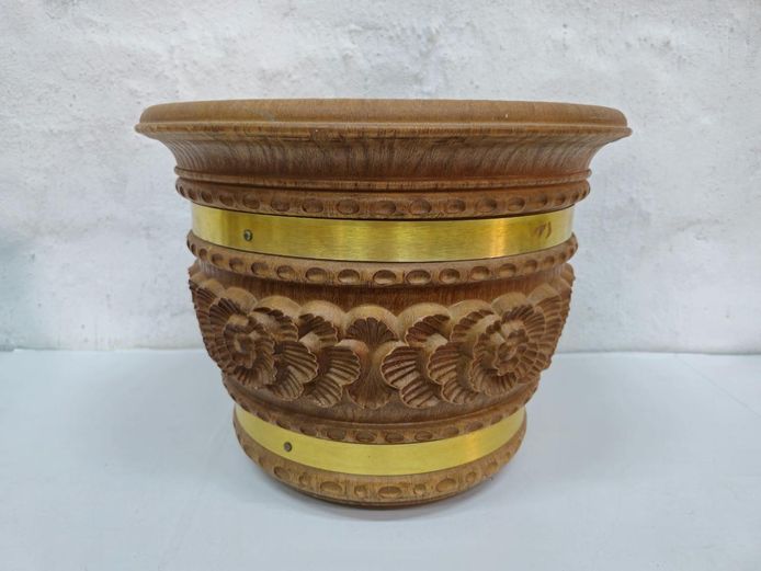 Large Faux Carved Wooden Planter with Gold Metal Wraparound Bands