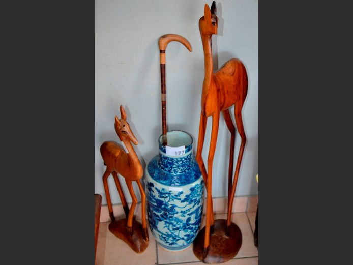 BLUE CHINESE VASE, [Repaired], WALKING STICK & 2 CARVED SPRINGBOKS, 54cm High, 106cm High & 73cm High [Nose needed to 1 Bokkie]