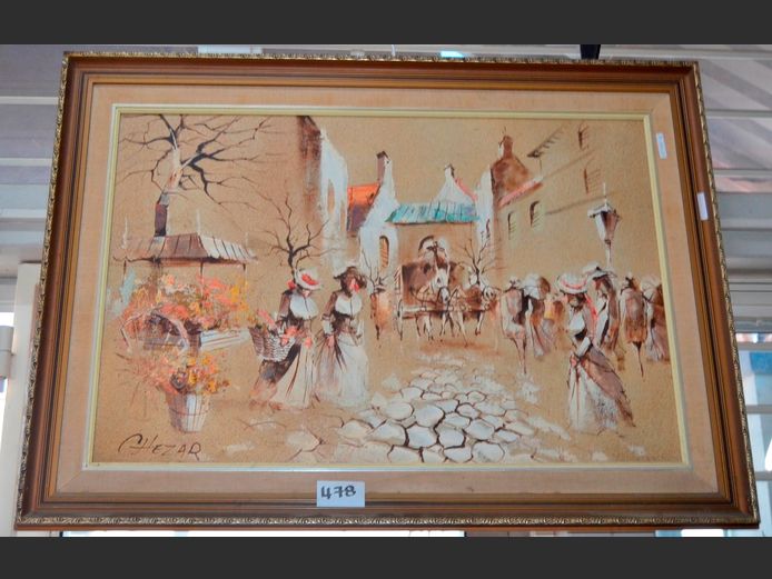 CHEZAR FRAMED OIL ON BOARD "STREET SCENE", 88.5 x 58.5cm