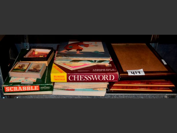SCRABBLE, BOOKS, PICTURE FRAMES, etc