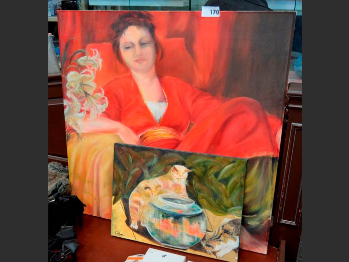 UNFRAMED OIL ON CANVAS "LADY IN RED DRESS", 100 x 100cm, UNFRAMED OIL ON CANVAS "CATS", 60 x 45cm & ANOTHER, 30 x 30cm