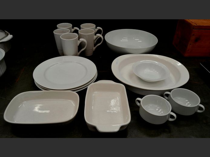 WHITE CERAMIC BOWL, DINNER PLATES, MUGS, etc