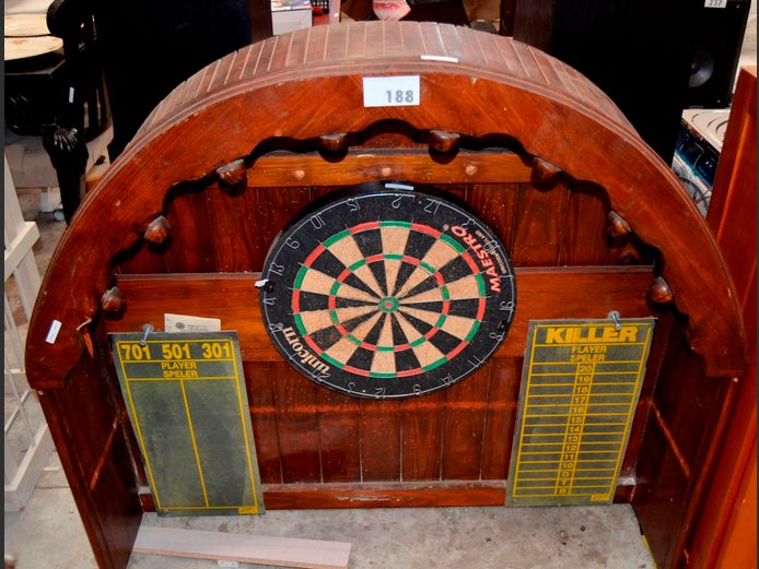 UNICORN DARTBOARD IN PINE ARCHED CABINET, 117 x 25 x 110cm