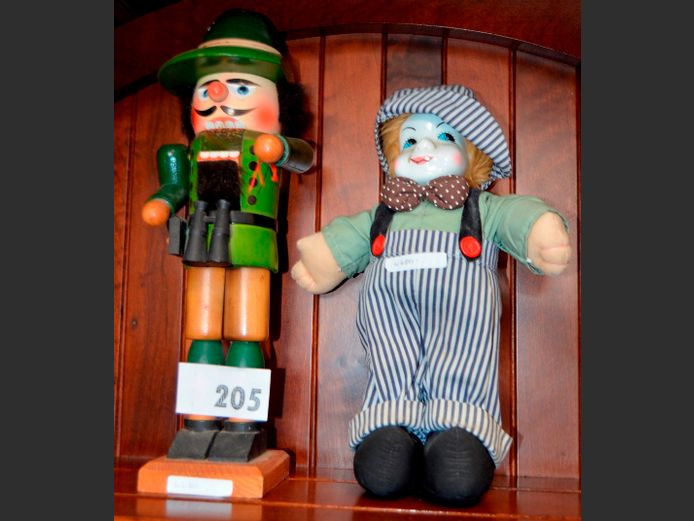 WOODEN NUTCRACKER FIGURINE & A PORCELAIN DOLL, 36cm High & 32cm High